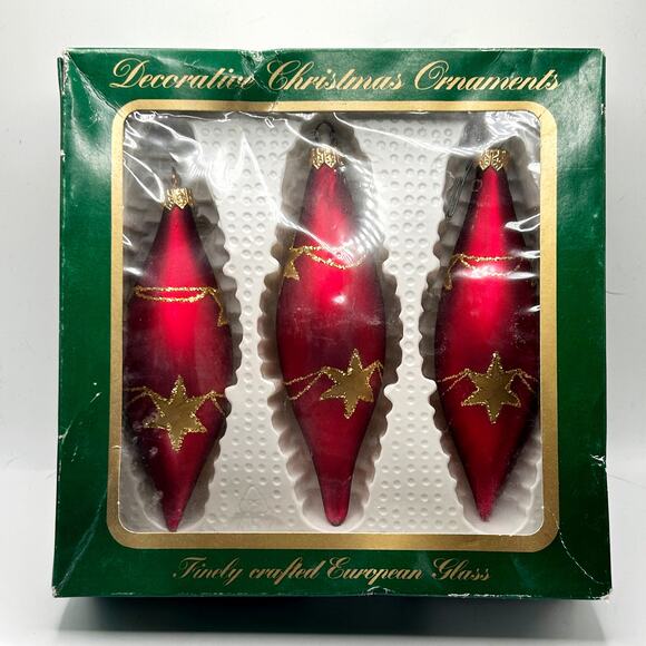 Vintage Krebs Hand Blown Glass Red & Gold Icicle Christmas Ornaments Set of 3 - Picture 1 of 4